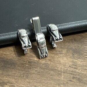 SWANK Jaguar Silver Tone Cufflinks Tie Bar Clip Mid Century Sports Car